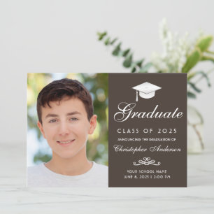 Elegant Brown White Script Photo Afstuderen Aankondiging