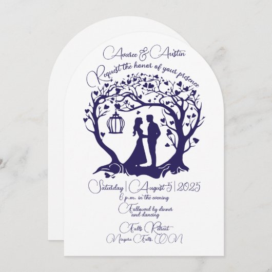 Elegant bruidspaar boom omlijst marine kaart (Voorkant / Achterkant)