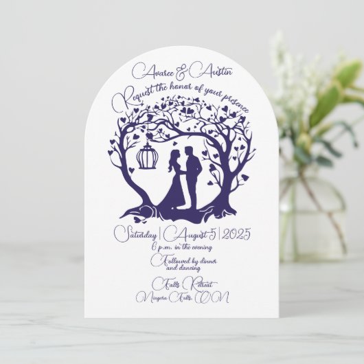 Elegant bruidspaar boom omlijst marine kaart (Staand voorkant)