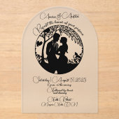 Elegant bruidspaar silhouet ingelijst zwart acryl uitnodigingen (Voorkant)