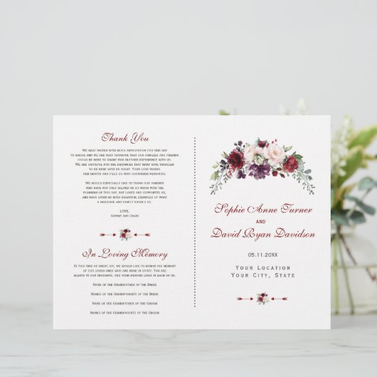 Elegant bruidsprogramma met burgundyroze bloemen (Staand voorkant)