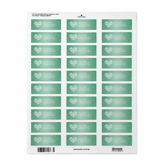 Elegant bruiloft adres Bloemig Hart Mint Groen Etiket (Full Sheet)