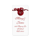 Elegant bruiloft adres Swirly Bow Monogram rood Etiket (Voorkant)