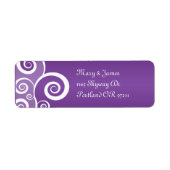 Elegant bruiloft adres wit wervelt Paarse Etiket (Voorkant)