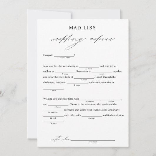 Elegant bruiloft advies bruids libs spel kaart (Voorkant)