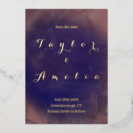 Elegant Bruiloft Bewaar de Datum Paarse Echt Folie Uitnodiging (Voorkant)