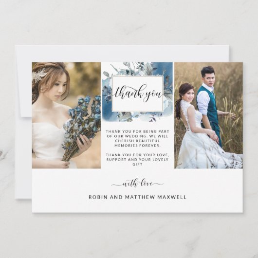 Elegant Bruiloft Blauw Waterverf Bloemen Foto Bedankkaart (Voorkant)