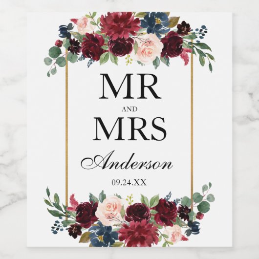 Elegant Bruiloft Bloemen Bourgondië Blauw Goud Wijn Etiket (Enkel label)