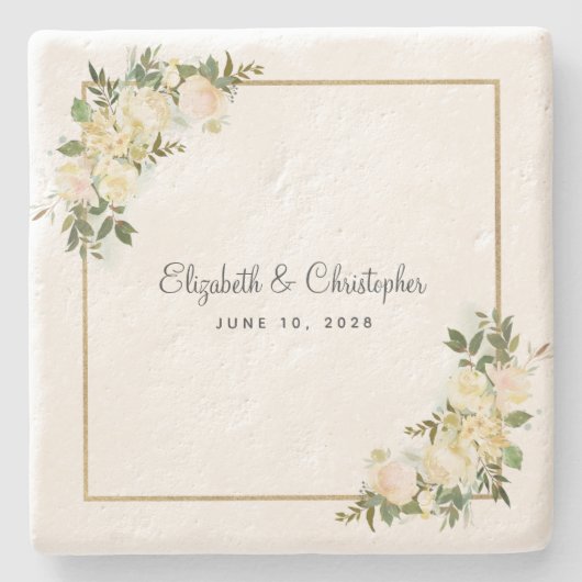 Elegant Bruiloft Bloemen Roos Metallic Goud Wit Stenen Onderzetter (Voorkant)