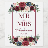 Elegant Bruiloft Bourgondië Blauw Bloemen Wijn Etiket (Enkel label)