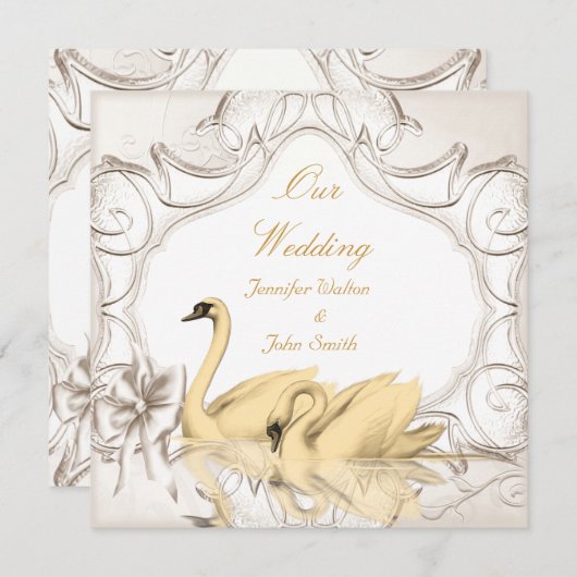 Elegant bruiloft crème Gold White swans Set Kaart (Voorkant / Achterkant)