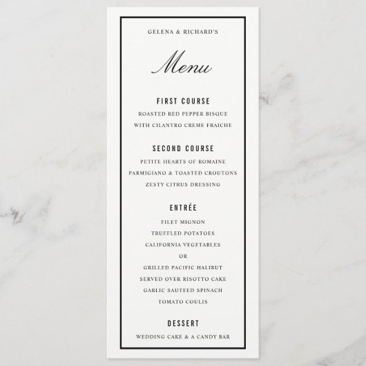 Elegant bruiloft diner zwart wit dikke rand menu (Voorkant)