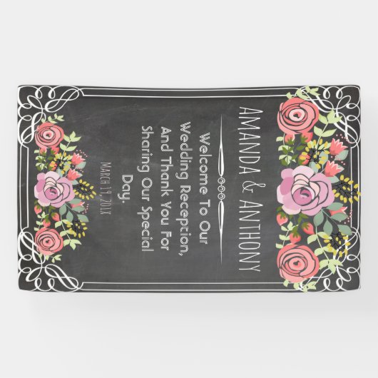 Elegant bruiloft floral chalkboard spandoek (Horizontaal)