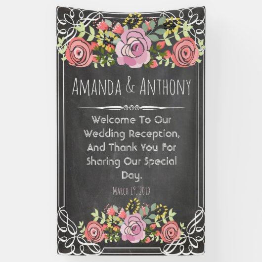 Elegant bruiloft floral chalkboard spandoek (Verticaal)