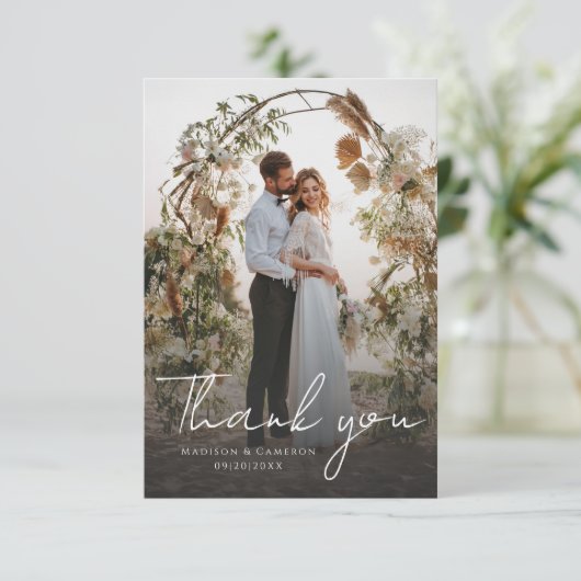 Elegant bruiloft foto aangepaste bericht bedankkaart (Staand voorkant)