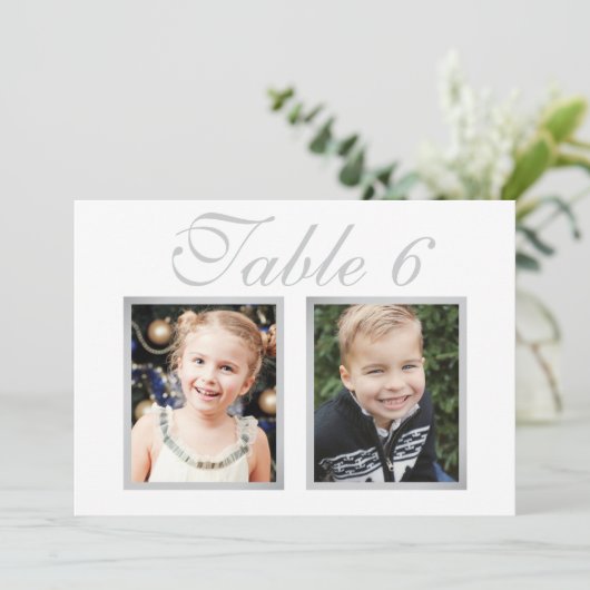 Elegant Bruiloft Foto Zilver Wit Tafelnummer (Staand voorkant)
