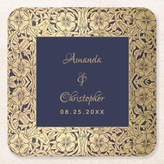 Elegant Bruiloft Goud Navy Blauw  Wilde Rozen Kartonnen Onderzetters (Voorkant)