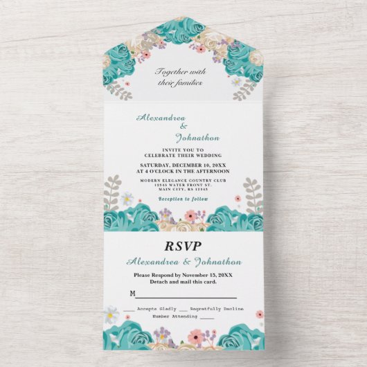 Elegant Bruiloft Groen Beige Rozen Bloemen All In One Uitnodiging (Binnen)