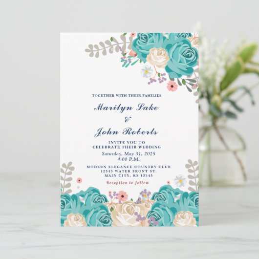 Elegant Bruiloft Groen Beige Rozen Bloemen Kaart (Staand voorkant)