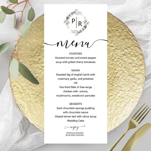Elegant Bruiloft Menu Floral Monogram Kaart