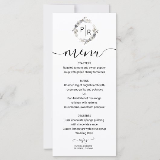Elegant Bruiloft Menu Floral Monogram Kaart (Voorkant)
