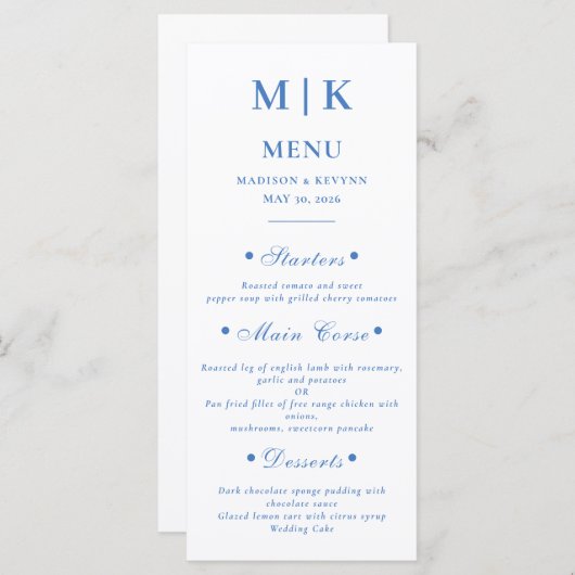 Elegant Bruiloft Menu Kaarten (Voorkant / Achterkant)