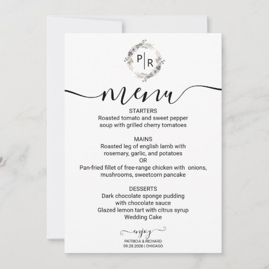 Elegant Bruiloft Menu Moderne Kalligrafie Kaart (Voorkant)