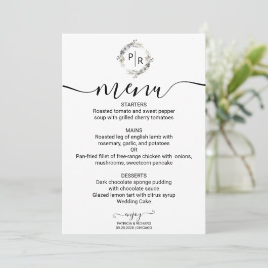 Elegant Bruiloft Menu Moderne Kalligrafie Kaart (Staand voorkant)