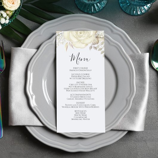 Elegant Bruiloft Menu Wit Bloemen Script