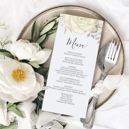 Elegant Bruiloft Menu Wit Bloemen Script