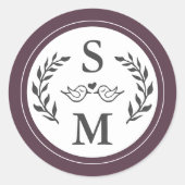 Elegant Bruiloft Modern Monogram Paarse Pruim Ronde Sticker (Voorkant)