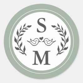 Elegant Bruiloft Modern Monogram Sage Groene gunst Ronde Sticker