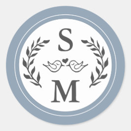 Elegant Bruiloft Modern Monogram Stoffig Blauw Fav Ronde Sticker