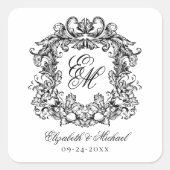  Elegant Bruiloft Monogram Crest Vierkante Sticker (Voorkant)