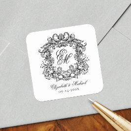  Elegant Bruiloft Monogram Crest Vierkante Sticker