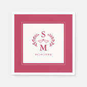 Elegant Bruiloft Monogram Kam Krans Magenta Rood Servet (Voorkant)