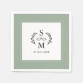 Elegant Bruiloft Monogram Kam Krans Sage Groen Servet (Voorkant)