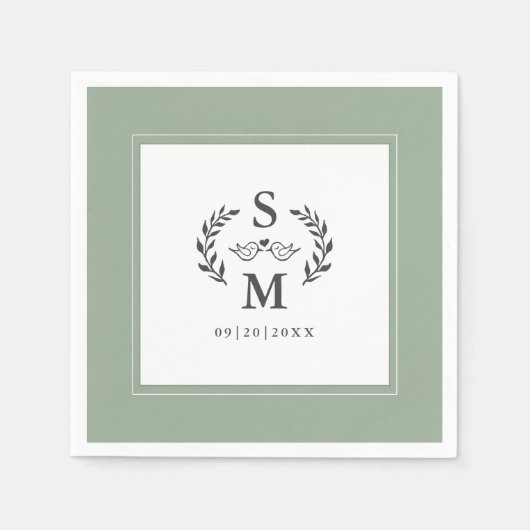 Elegant Bruiloft Monogram Kam Krans Sage Groen Servet (Voorkant)