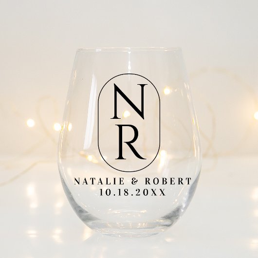 Elegant Bruiloft Monogram Modern Minimalistisch Ko Wijnglas Zonder Voet