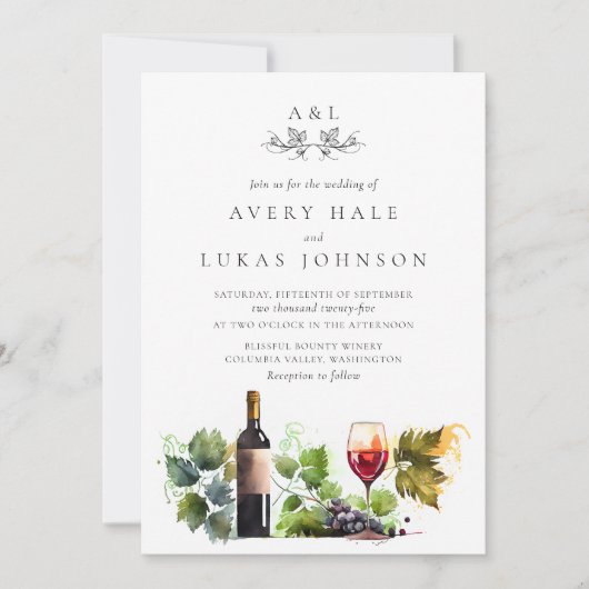 Elegant Bruiloft Monogram Waterverf Winery Kaart (Voorkant)