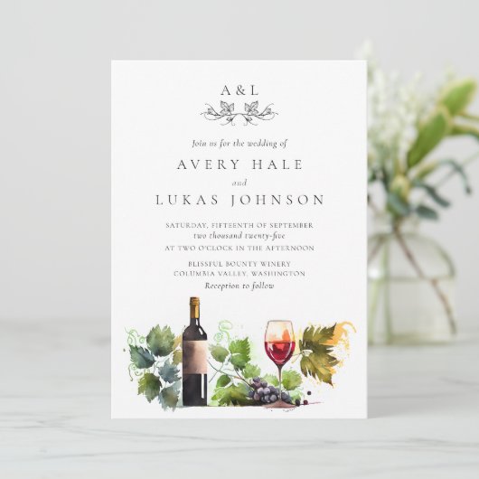Elegant Bruiloft Monogram Waterverf Winery Kaart (Staand voorkant)