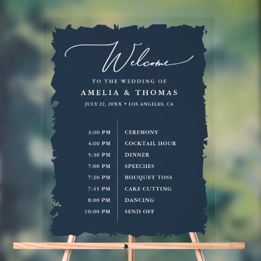 Elegant Bruiloft Navy Blue Welkom en Tijdlijn Acryl Bord (Neutraal)