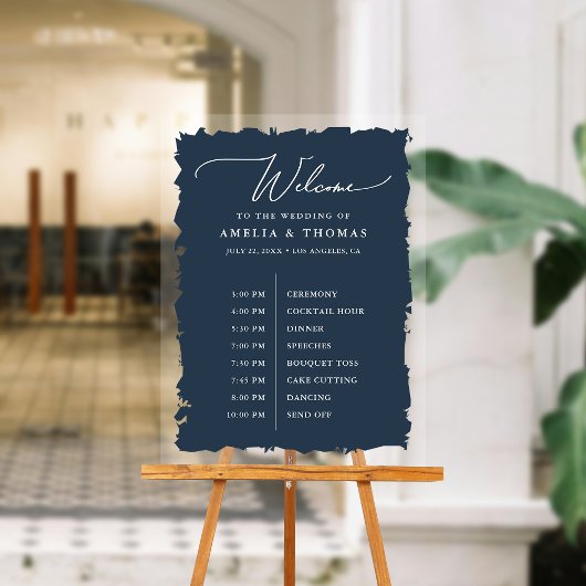 Elegant Bruiloft Navy Blue Welkom en Tijdlijn Acryl Bord