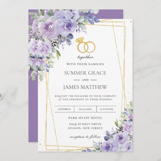 Elegant Bruiloft Paarse Lila Bloemen Gouden Ringen Kaart (Voorkant / Achterkant)