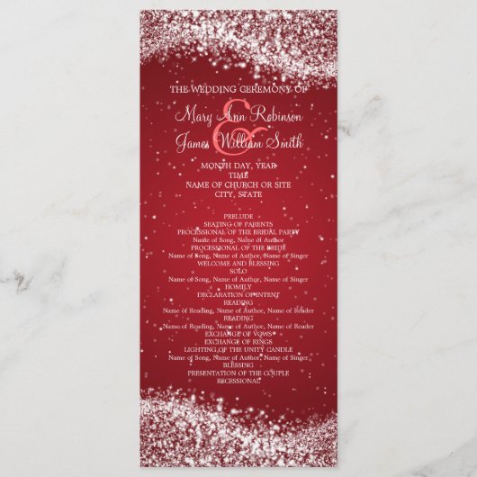 Elegant bruiloft programma sprankelende golf rood programmakaart (Voorkant)