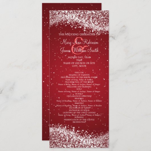 Elegant bruiloft programma sprankelende golf rood programmakaart (Voorkant / Achterkant)