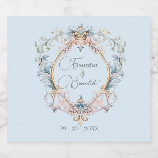 Elegant Bruiloft Regency Blauw  Crest Custom Sparkling Wijnetiket (Enkel label)