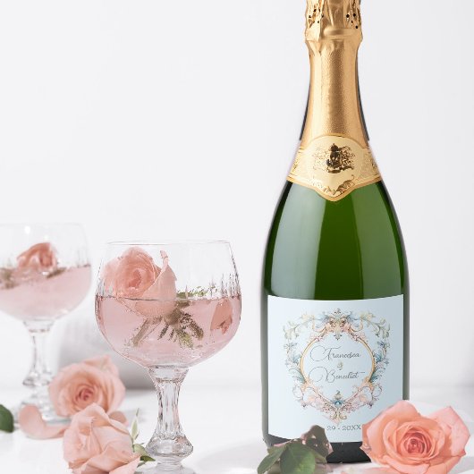 Elegant Bruiloft Regency Blauw Crest Custom Sparkling Wijnetiket