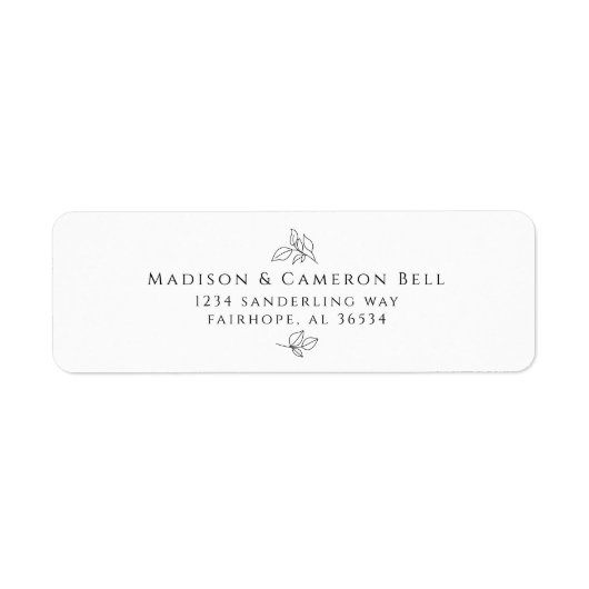 Elegant bruiloft retouradres zwart wit blad etiket (Voorkant)