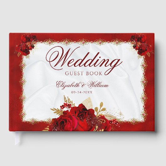 Elegant Bruiloft Rood Goud Wit Bloemen Gastenboek (Voorkant)